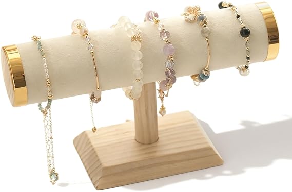 T-Bar Bracelet Holder Stand, Beige Bracelet Stand Display Organizer Storage for Women Jewelry Accessories Scrunchie Head Ties (Gold Metal Lid)