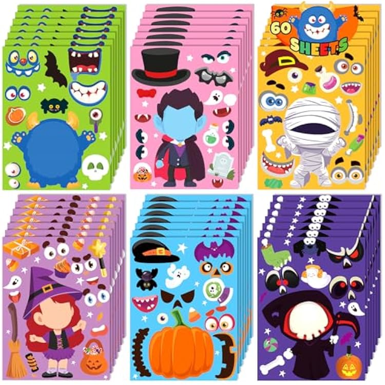 60 Sheets Halloween Party Favors Stickers for Kids, Halloween Crafts Make Your Own DIY Stickers,Trick or Treat Goodie Bag Stuffers Toys Gifts for Halloween Decorations Classroom Prizes6 Designs