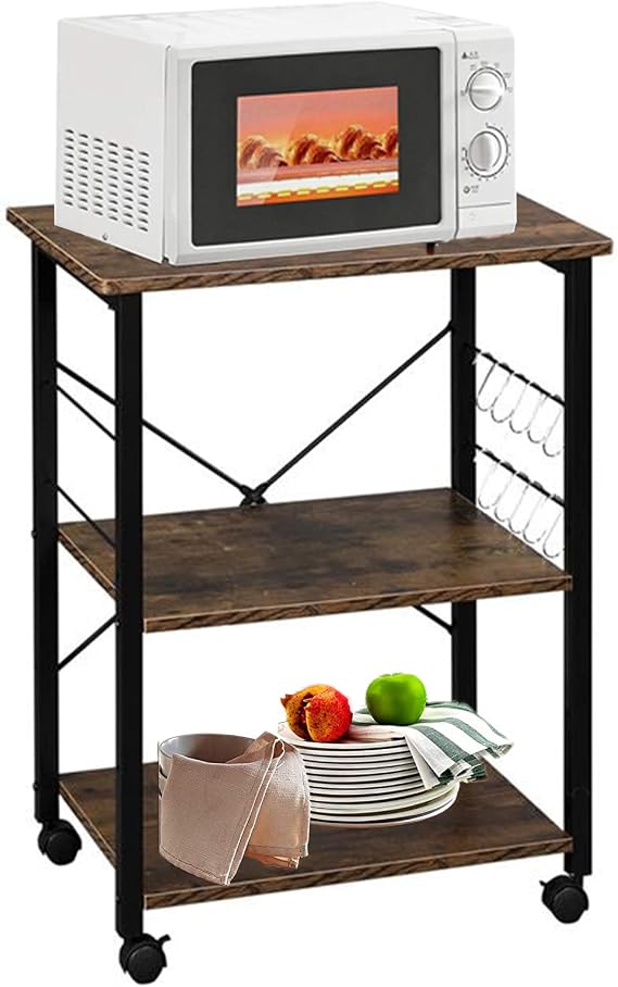 Kitchen Microwave Cart Stand 3-Tier Rolling Utility Microwave Oven Rack on Wheels, 23.62'' Coffee Bar Table for Small Space, Coffee Cart with Storage Shelves and 10 Hooks, Vintage Brown