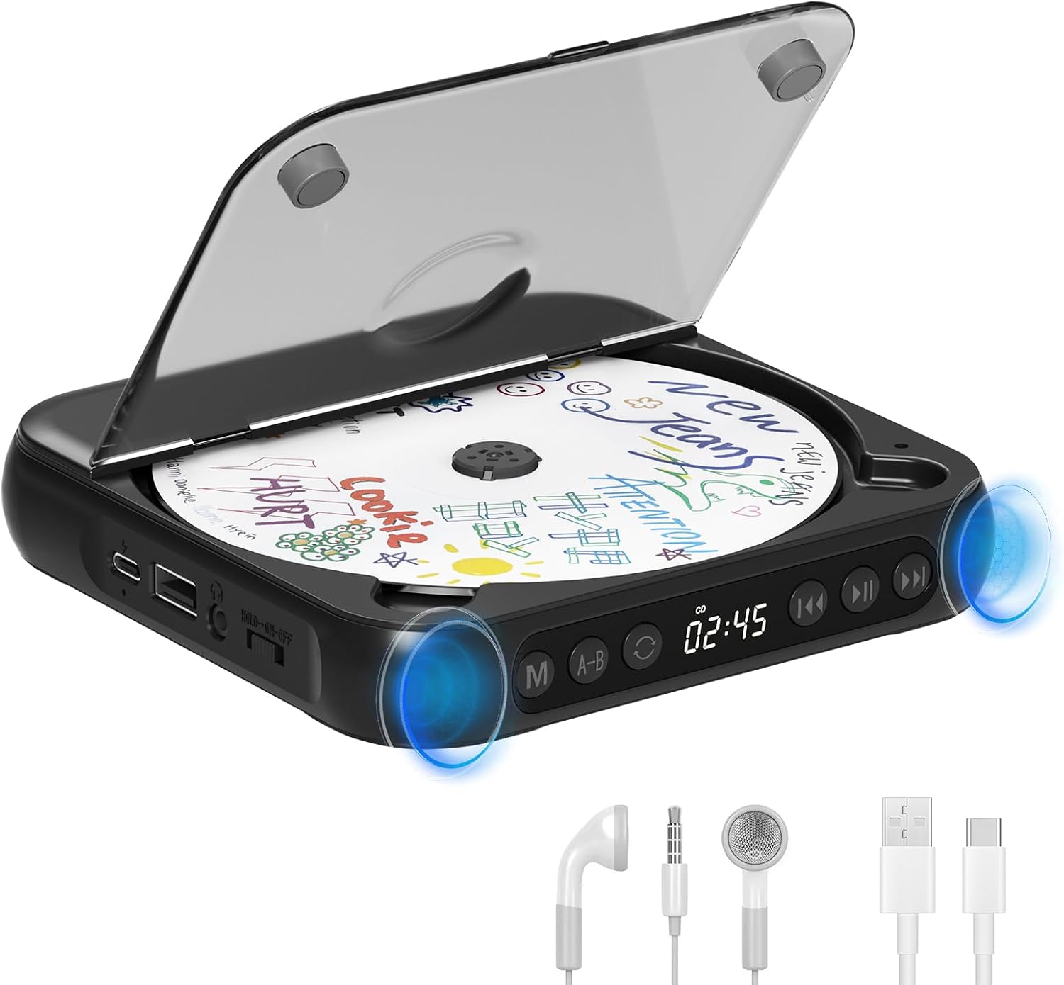 Portable CD Player with Bluetooth 5.3, Rechargeable Walkman CD Player for Home, Built-in HiFi Speakers, Headphones, LCD Screen, Supports CDAUXUSB and Repeat Modes,Black
