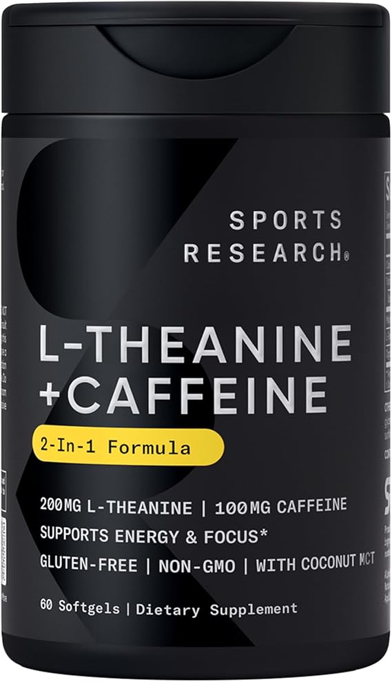 Sports Research L-Theanine + Caffeine Nootropic Supplement - 60 Softgels | Double Strength L-Theanine 200mg & Organic Caffeine 100mg w/Coconut MCT Oil for Focused Energy - 60 Servings