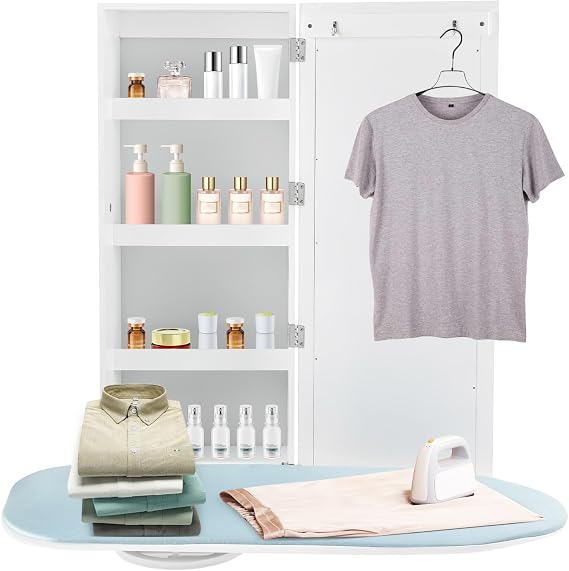 Wall Mount Ironing Board Cabinet, Built-in Swivel Ironing Boards Foldable with Storage, Wall Ironing Boards with Mirror Ironing Board Holder for Bedroom Laundry Room