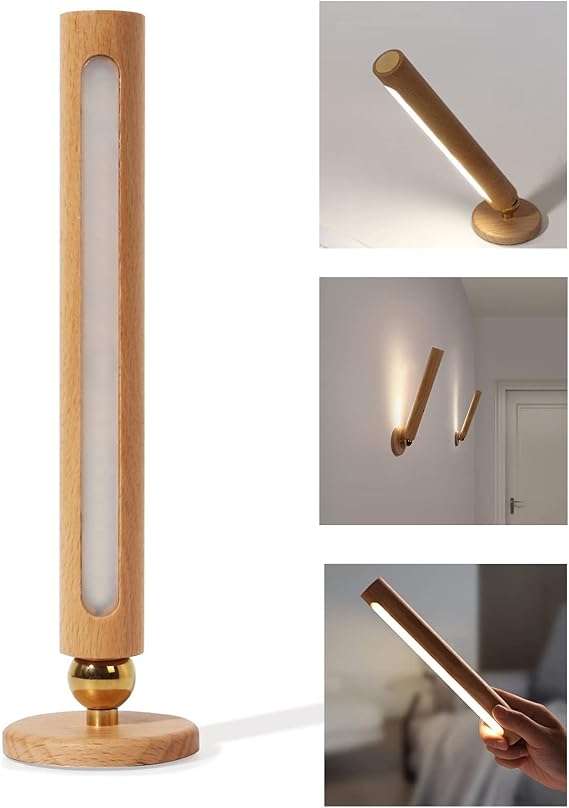 TUNJINSHOU 360 Rotatable Wooden Led - Magnetic Detachable Stepless Dimmable Rechargeable Wall Light, Bedroom Living Room USB Night Light (Yellow)