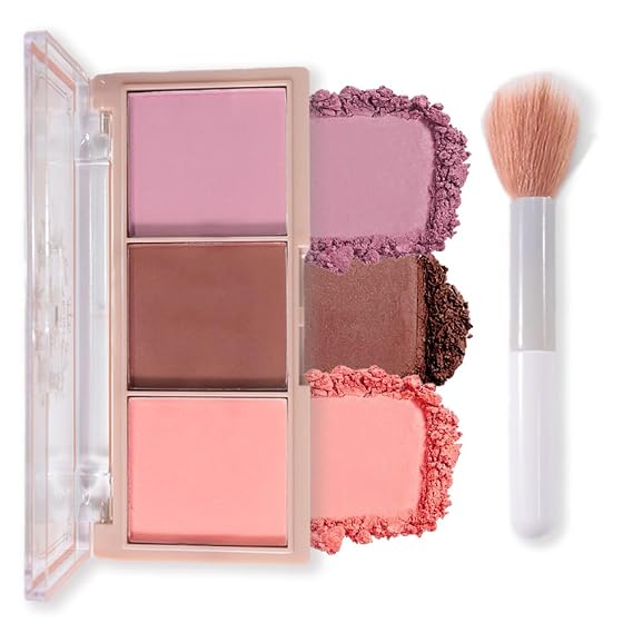 3 Colors Face Matte Blush Palette Shading Blusher - Buildable Facial Cheek Blusher Contour Bronzing Pressed Powder Makeup Pallet Women Gift Set (3 Colors Blush Contour Palette with brush #02)