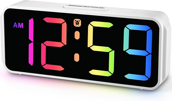 Peakeep Small Cute Digital Alarm Clock Plug in for Kids Bedroom Bedside | 8 Colorful Colors Large Display, Dimmable 6 Brightness, Corded Electric Battery Backup (White - RGB)