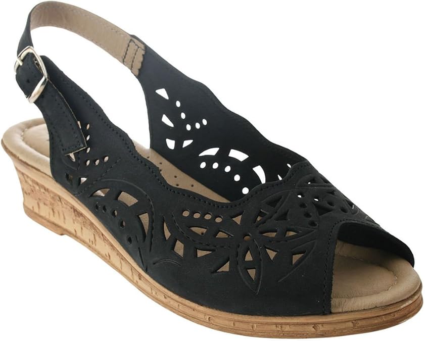 Spring Step Orella Slingback Sandals for Women - Leather Sandals with Adjustable Straps - Women's Sandals with Geometric Laser-Cut Detail - Black Nubuck EU 37 / US 6.5-7