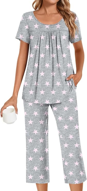 POPYOUNG Womens Pajama Sets Summer Ladies Pjs 2 Piece Loungewear Capri with Pockets Sleepwear