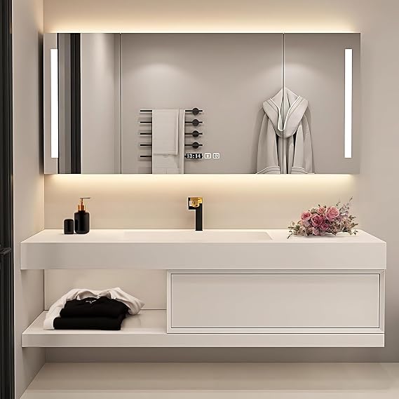 36" Solid Wood Bathroom Vanities with Single Sink, Wall-Mounted Bathroom Vanity Set Includes One Piece Sink & Rock Countertop, Minimalist Vanity with LED Defog Mirror Cabinet (White)