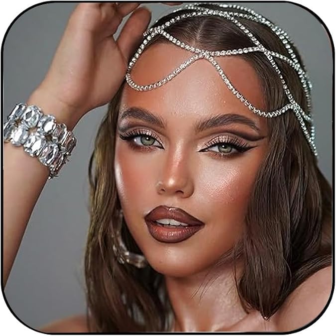 StoneFans Rhinestone Mesh Headpiece Cap Silver Roaring 20s Crystal Flapper Head Chain Bridal Party Hair Accessories for Women Girls (Silver)