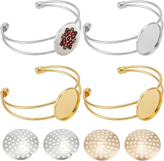 FREEBLOSS 4 Set Bracelet Bazel Settings Embroidery Bezel Pendant Trays Blank Pendant Frame for Embroidery Round Tray Charm for DIY Jewelry Making Needlepoint Supplies(Gold&Silver)