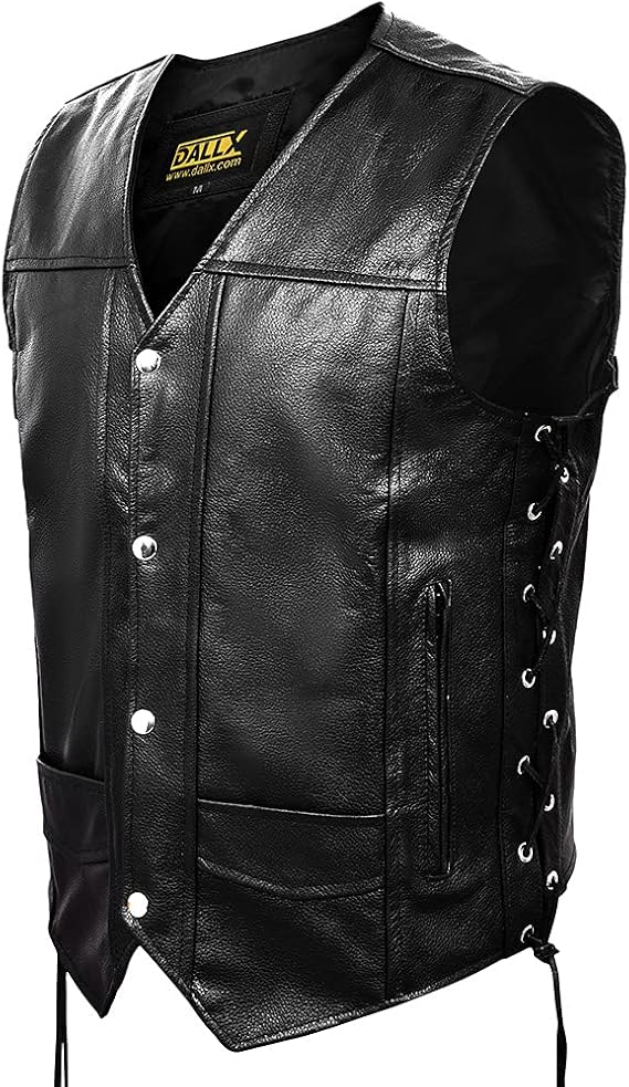 DALLX Motorcycle Leather Vest with Adjustable Side Lace for Men Club Style Riding Biker Vest with Concealed Gun Pocket