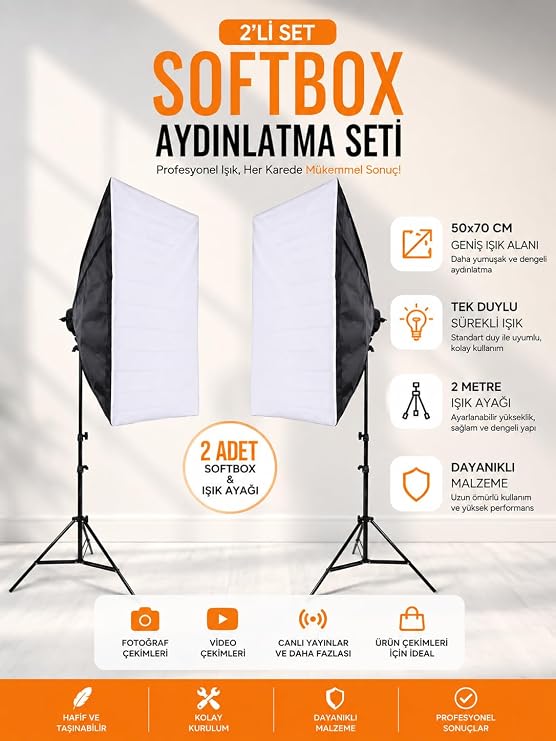 Rabsev 2'li Softbox Aydınlatma Seti 50x70 cm 2 Metre Işık Ayağı Fotoğraf Video YouTube Canlı Yayın
