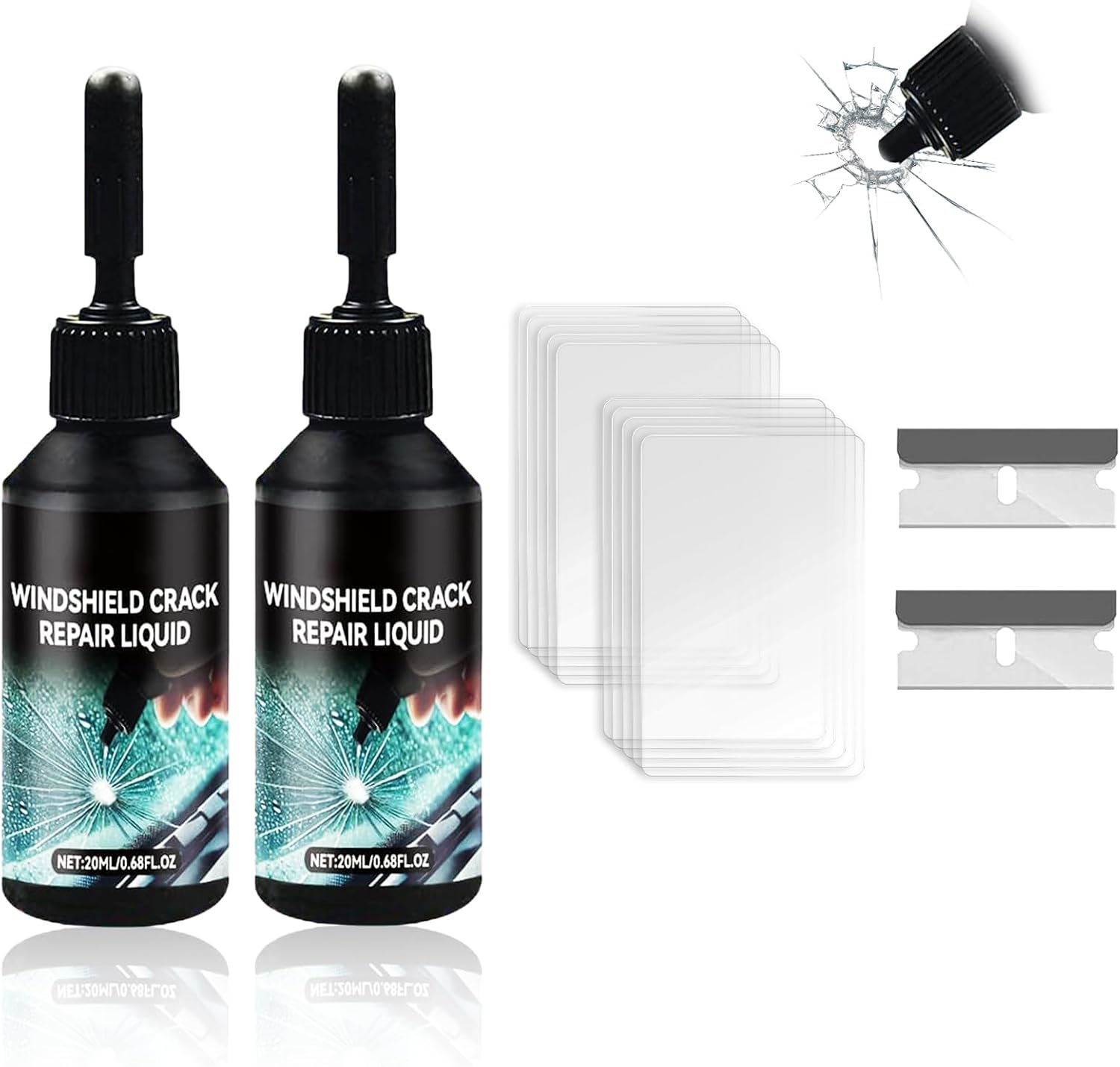 Windshield Crack Repair Kit,Upgraded 2 Bottles Glass Crack Repair Kit,5MinQuick-Glass Repair Liquid,Long-Lasting for Windshields, Windows, Mirrors,All Crack Types Windshield Repair Kit Shiny black