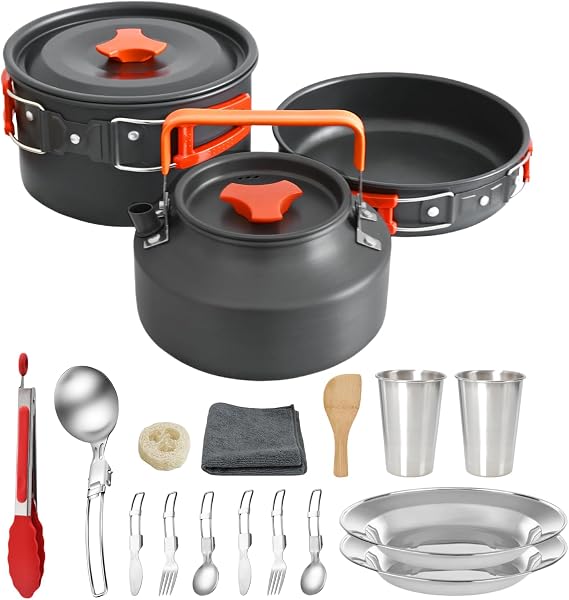 18Pcs Camping Cookware Mess Kit, Non-Stick Lightweight Camping Pots and Pans with 1.1L Kettle, 2 Set Stainless Steel Cups Plates Forks Knives Spoons for Backpacking, Hiking, Outdoor Cooking