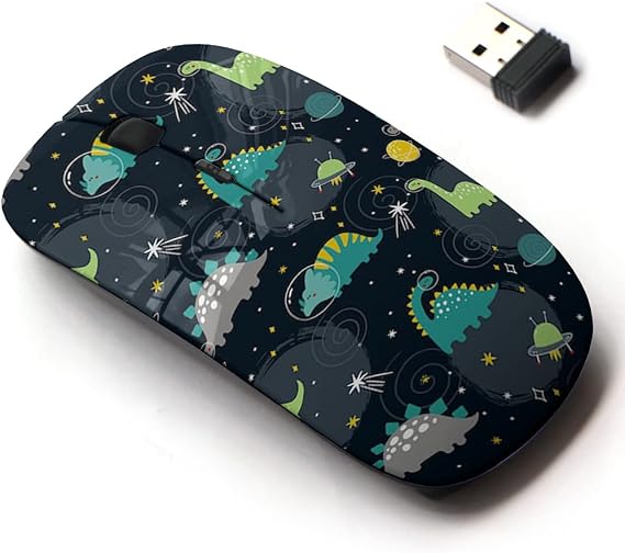 2.4G Wireless Mouse with Cute Pattern Design for All Laptops and Desktops with Nano Receiver - Cute Cartoon Print Dinosaur Space