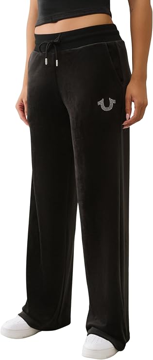 True Religion Women's Velour Sweatpants Track Pants Crystal Horseshoe