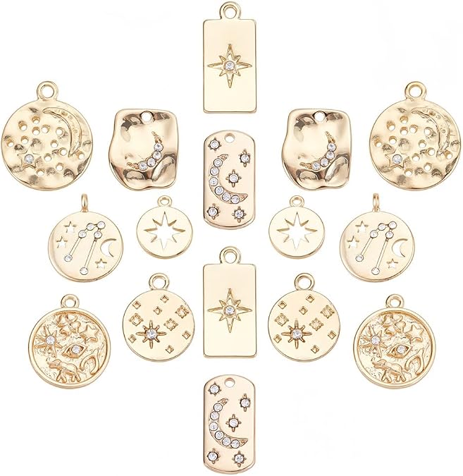 SUNNYCLUE 16Pcs 8 Styles 18K Gold Plated Alloy Rhinestone Charms Teardrop Round Rectangle with Moon Star Crystal Rhinestone Pendant for DIY Jewelry Making Craft Accessories