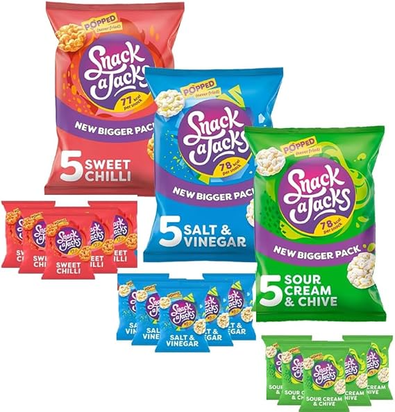 Snackk a Jacck Sweet Chilli,Salt & Vinegar & Sour Cream & Chive Crispy Chips Bags - 3 x Mixed Chips Bags (5 x 19g)