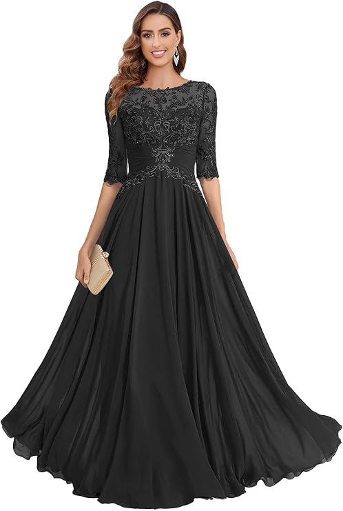 Mother of The Bride Dresses Chiffon Women's Lace Applique Wedding Dress V-Neck Half Sleeveless Formal Evening Gowns Black