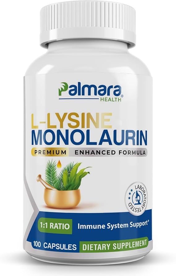Palmara Health L-Lysine with Monolaurin 600mg 1:1 Ratio, 1 Pack, 100 Capsules | 600mg L-Lysine and 600mg Monolaurin per serving in a 1:1 ratio; vegan, gluten-free, lab tested for purity & potency