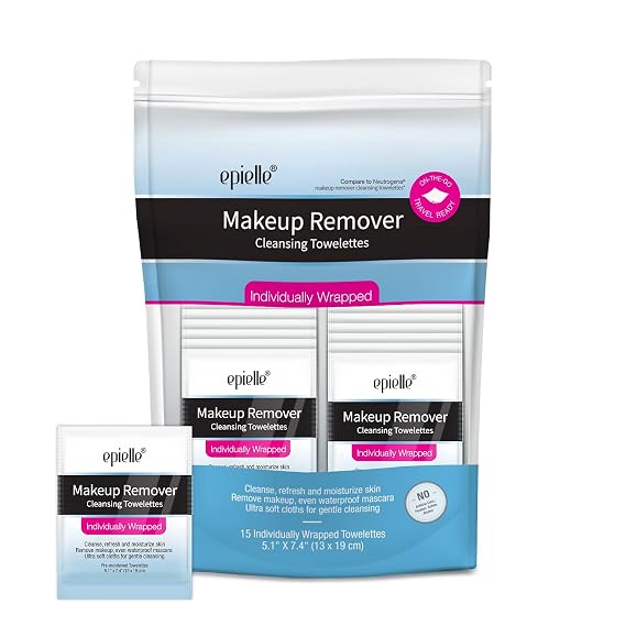 Epielle Makeup Remover Wipes Singles, Remove Dirt, Oil, Waterproof Mascara, Gentle Daily Facial Cleanser Towelettes, Stocking Stuffers, 15 Individually Wrapped Wipes
