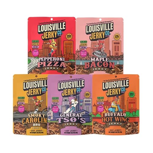 Louisville Jerky Co. Vegan Jerky Variety Pack, Plant Based Protein Snack, 3 Ounce, 5-Pack Smoky Carolina BBQ, Buffalo Hot Wing, Maple Bacon, Smoked Black Pepper, General Tso