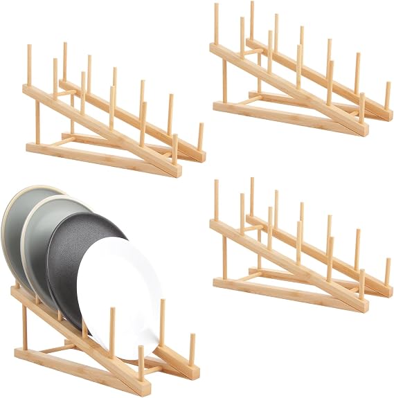 4 Pcs Bamboo Dish Racks 30 x 12 x 19 cm