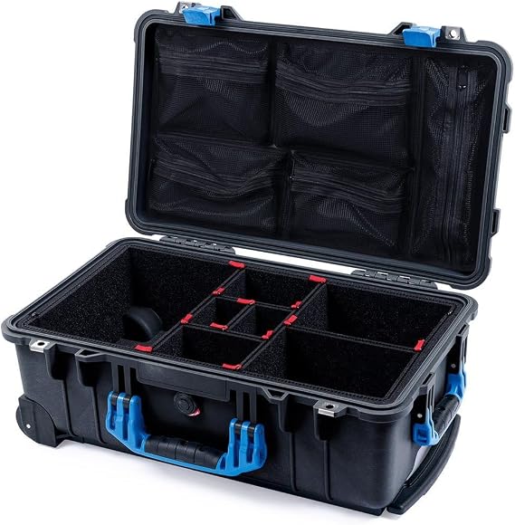ColorCase Pelican Protector 1510 Carry-on Case Black - Medium Size Waterproof Case with TrekPak Divider System & Mesh Lid Organizer - Blue Handles & Latches