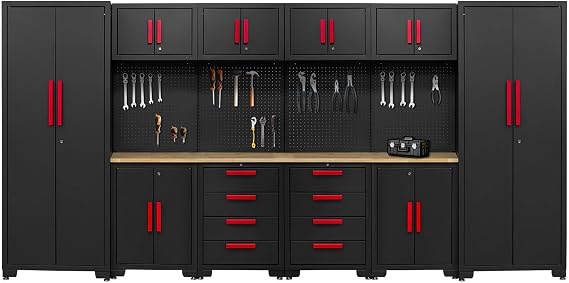 Garage Storage Cabinet System - 2 * 6-Pcs Workshop Set | with Steel Cabinet Drawers, Tool Chest, Workbench, Pegboard for Tool Organization