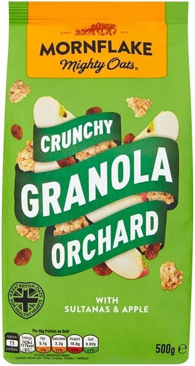 Mornflake - Crunchy Orchard Granola. 1x 500g Sachets Bags. High Fibre Granola Cereal Multipack, Breakfast Cereal with Sultanas & Dried Apple Slices Mix, All Natural Ingredients (Pack of 1)