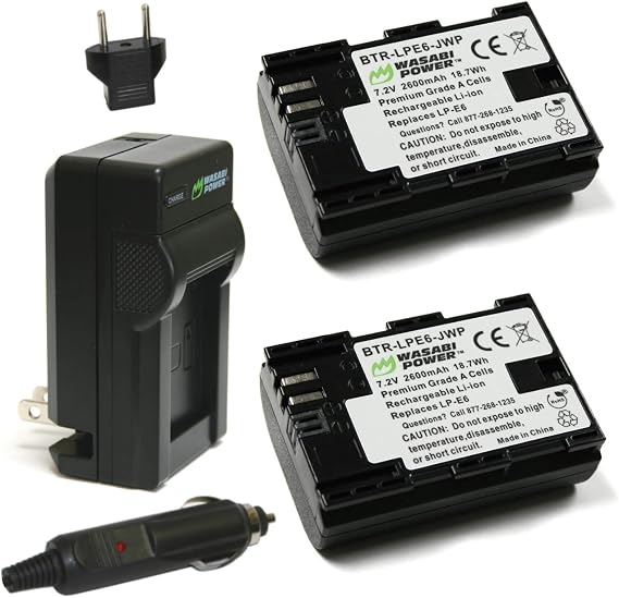 Wasabi Power LP-E6, LP-E6N Battery (2-Pack) and Charger for Canon EOS 5D Mark II/III/IV, 5DS, 5DS R, 6D, 6D Mark II, 7D, 7D Mark II, 60D, 70D, 80D, 90D, R, R5, R6, Ra, XC10, XC15, BMPCC 4K, BMPCC 6K