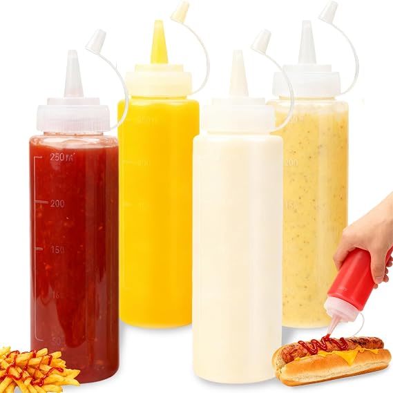 Squeeze Bottle - 4 Pack 8oz / 250ML Plastic Sauce Bottle with Nozzles for Ketchup,Condiments,BBQ Sauce,Dressing,Barbecue,Grilling,Crafts,Syrup,Crafts and More