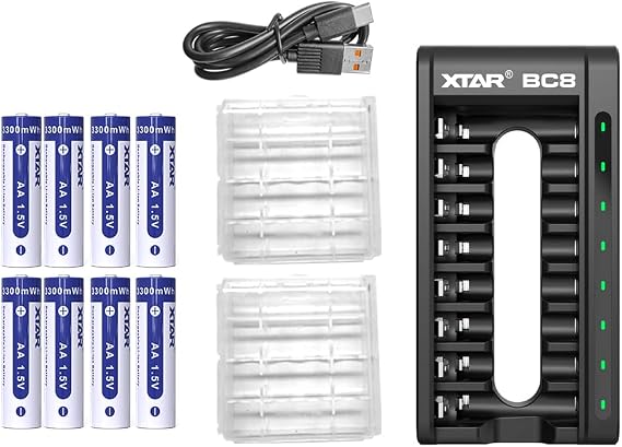 XTAR BC8 Battery Charger with 8 Pack Rechargeable 1.5v Lithium Rechargeable Batteries Charger(BC8 Charger+8*1.5V AA Batteries)