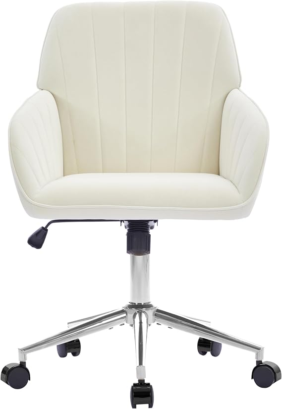 YITAI Velvet Office Desk Chair with Wheels and Silver Base,Modern Height Adjustable 360 Degree Swivel Upholstered Vanity Chairs with Arms for Living Room Bedroom, Study,White