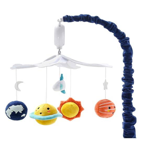The Peanutshell Crib Mobile for Boys or Girls - White and Dark Blue Musical Baby Crib Mobile with 12 Lullabies, Planets Baby Spectacular Space Nursery Decor