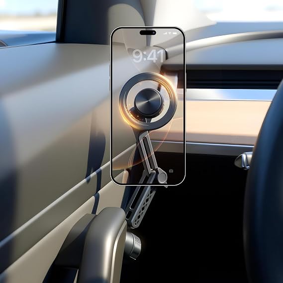 Aukee Phone Mount for Tesla Model 3 and Model Y, Easy Installation andFoldable 360 Adjustable Strongest Magnet Power Tesla Phone Holder Fit for All MagSafe iPhone and Phone with Metal Ring, 1PCS