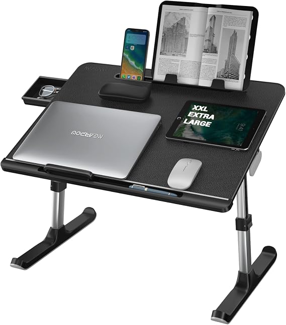 NEARPOW XXL Bed Table Tray, Adjustable Laptop Lap Desk for Couch, Gray | Bed desk for laptop and writing features anti-slip leather, 5 heights, 4 angles, book stand, a drawer & removable stopper