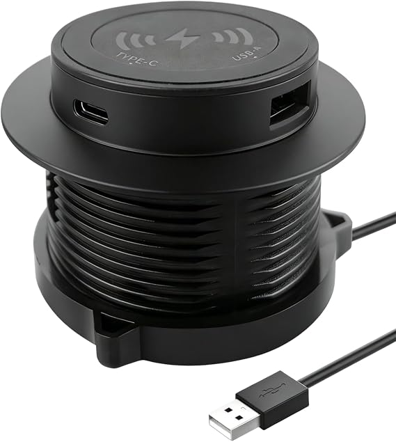 Desktop Wireless Charger, Pop Up 15W Fast Retractable Desk Charger | Invisible Wireless Charging Station with USB A and Type C Ports, Recessed Desktop Wireless Charging for Desk, Furniture