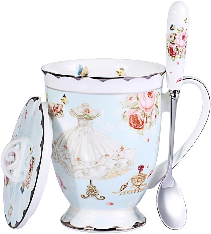 YBK Tech Euro Style Porcelain Tea Cup Coffee Mug with Lid for Breakfast Home Kitchen Rose and Dress Pattern Blue