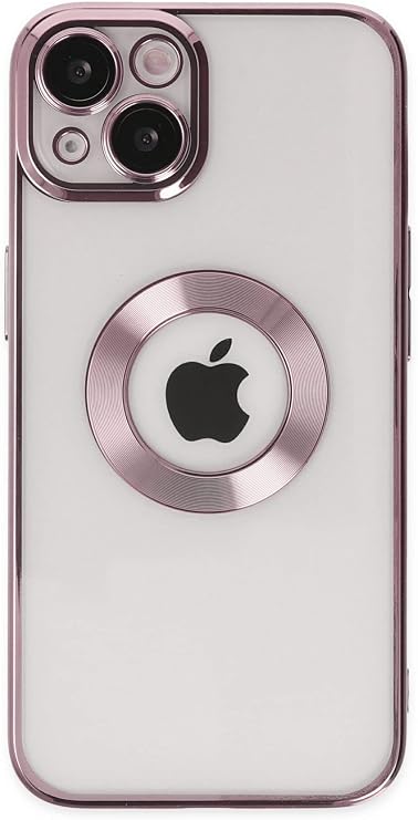 KZY İletişim Apple iPhone 14 ile Uyumlu ile uyumlu Kapak Yanları Renkli Lens Korumalı Logo Gösteren Şeffaf Luxury Kılıf - Rose Gold
