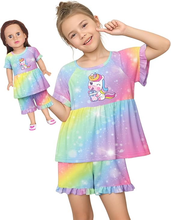 LQSZ Matching Girls & Doll Pajamas Set for Toddler Girls Short Sleeves Cute Outfit Sleepwear