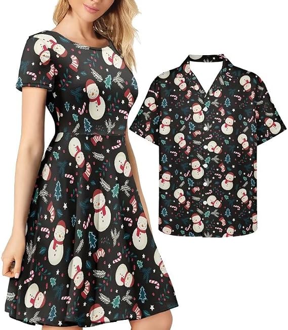 AmzPrint Couple Christmas Shirt and Dress Womens Elegant Short Sleeve Round Neck Cocktail Party Green Xmas Swing Dress