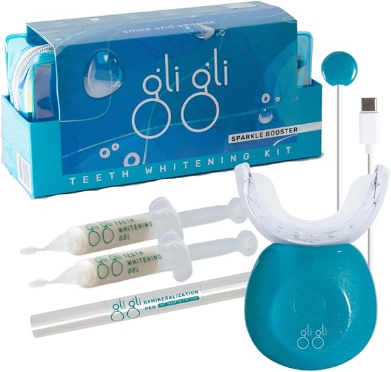 Sparkle Booster Teeth Whitening Kit - 2 x 5ml Pap Whitening Gel Syringes - Includes Rechargeable LED Whitening Device, Shade Guide & Remineralization Pen - 10 to 15 Days Treatment