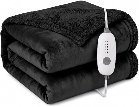 Electric Heated Blanket, Black, Twin 62"x84", Flannel and Sherpa | overheat protection, 5 heat settings,10-hour auto-off, machine washable, for bed, sofa, gift-ready, same color on both sides
