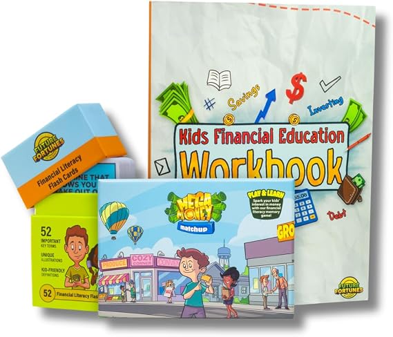 3-in-1 Financial Literacy Flash Cards, Workbook & Game Bundle - Money Learning Activity for Saving, Budgeting, Investing, Entreprenuership & More - Educational Tool for Classroom, Homeschool & More