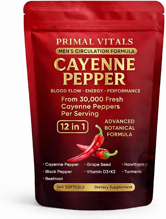 Primal Vitals Cayenne Pepper Softgels - Apex Vitals 12-in-1 Botanical Blend with Grape Seed, Hawthorn, Turmeric, Beetroot, Black Pepper & Vitamin D3 + K2, Wellness & Circulation Support - 240 Softgels