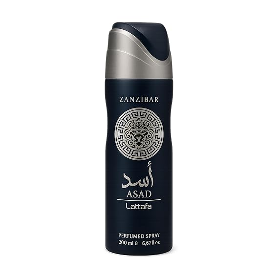 Lattafa Asad Zanzibar Spicy, Marine, Floral, Gourmand Perfumed Deodorant Spray for Unisex, 6.67 Ounce / 200 ml