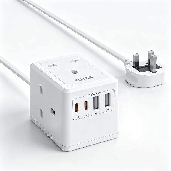 PD20W Extension Lead with USB Slots, FDTEK Mini Extension Cube with 3 AC Outlets and 4 USB Ports, UK Travel Extension Socket with 1.5M Cable, Mountable Power Strip for Home Office Cruise