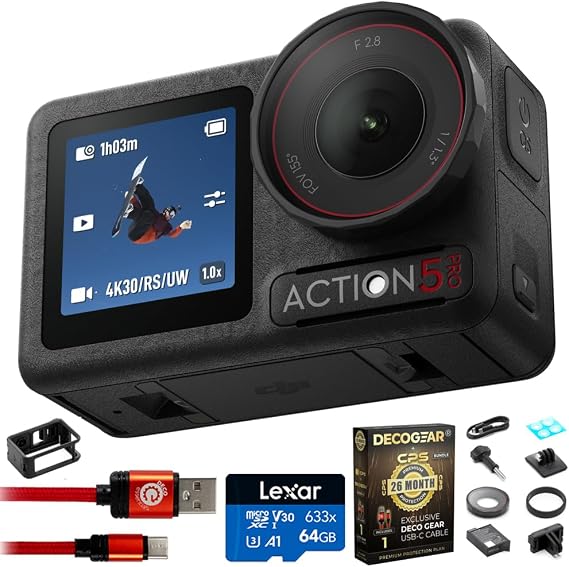DJI Osmo Action 5 Pro Standard Combo, 4-Hr Battery, 4K Video Bundle with Lexar 64GB Memory Card, Type-C Charge & Sync USB Cable & Deco Gear CPS Exclusive 26 Month Protection Pack (BEACH-CPS-26M500)