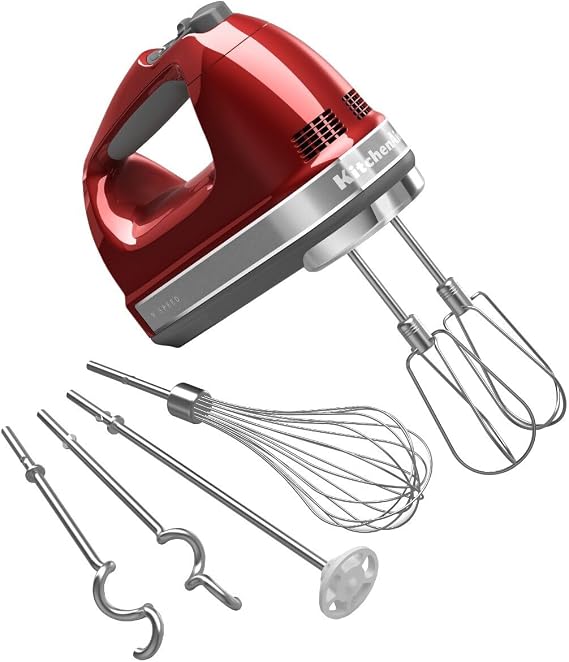 KitchenAid 9 Speed Hand Mixer, KHM926, Candy Apple Red | 9 Speeds, Pro whisk attachment, Stainless Steel Turbo Beater II for ideal mixing, dough hook, Dishwasher-safe accessories